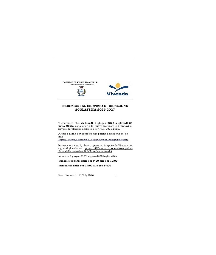 ISCRIZIONI AL SERVIZIO DI REFEZIONE SCOLASTICA 2026/2027